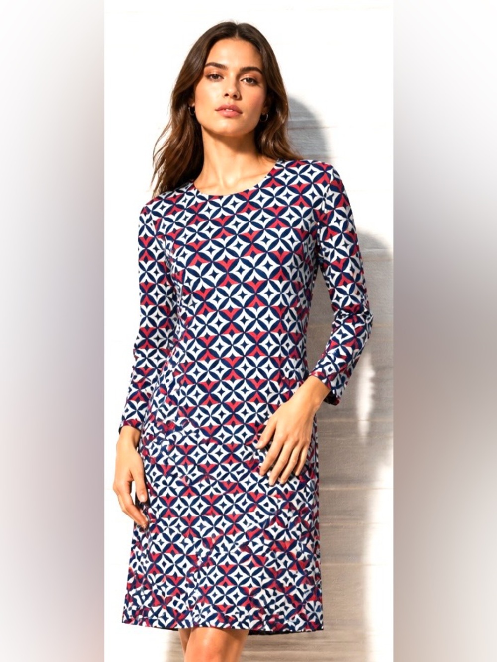 J MCLAUGHLIN Dress Sophie Wellington Catalina Cloth Red Blue Geometric Small
